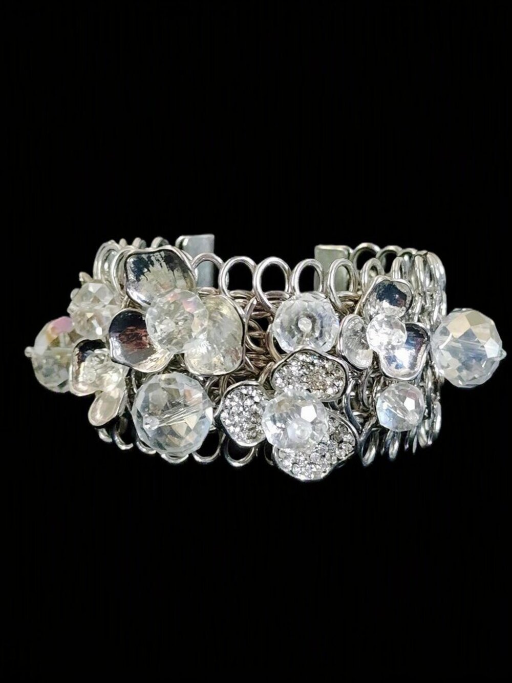 VTG Y2K Chunky Silver Tone Crystal Flower Statement Wide Cuff Bracelet 126g